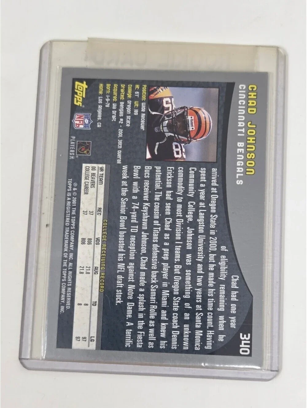 2001 Topps Chad Johnson Rookie Card Cincinnati Bengals WR #340 NFL Player